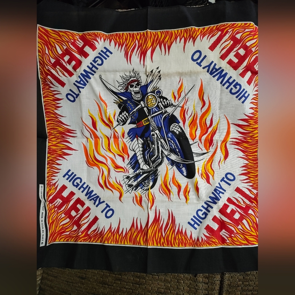 Vtg Highway To Hell Biker Bandana Skull Goth 80s AC DC 22x22" Made In USA Clean